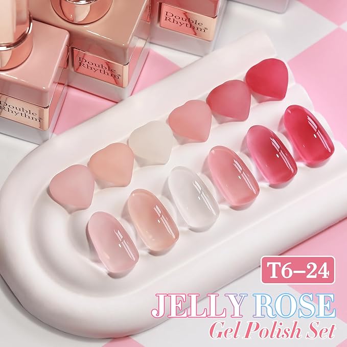 Double Rhythm 6 Pcs 15 ML Gel Polish Set Same Color Same Bottle Soak Off Gel Polish Kit Nail Art Manicure Salon DIY at Home for Women (Milky White Jelly Pink Nude Peach-T6-24)