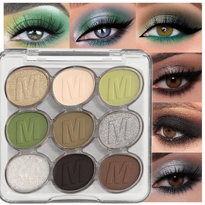 SUAKE Waterproof 9 Colors Shimmer Matte Eyeshadow Palette.Longwearing Highly Pigmented Glitter Eye Makeup Palet. Sparkle Pearlescent paleta de sombras 1# Gold Green