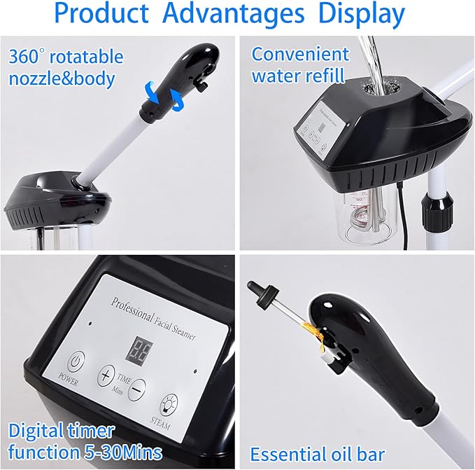 Professional Facial Steamer on Wheels, Facial Steamer for Facial Deep Cleaning, Facial Humidifier for Spa, Adjustable Height for Spa, Salon and at Home Use