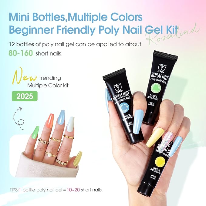 ROSALIND 12PCS Poly Nail Gel Kit with Mini Nail Lamp Nude Brown Cherry Pink Poly Extension Gel Kits