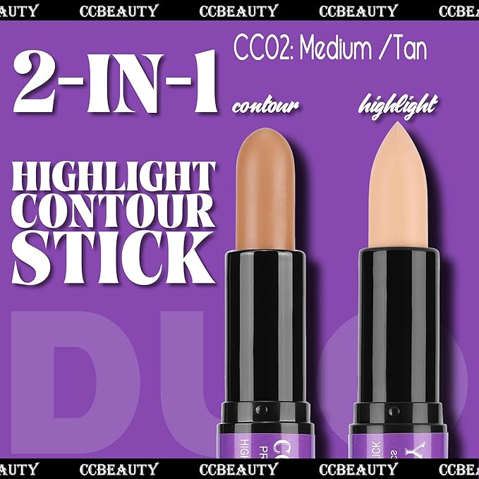 CCbeauty 2pcs 2-IN-1 Matte Contour Highlighter Stick with Blush,Cream Dual-End Highlight Bronzer Concealer & Blusher for Cheeks & Lip, Long Lasting Contouring for Face Shaping Makeup, Medium-Tan