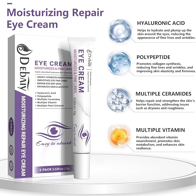 3 Pack Eye Cream Hydrating & Repairing with Hyaluronic Acid & Peptides - Moisturizes, Smooths Fine Lines, Enhances Elasticity (Each 0.529oz | 15g)