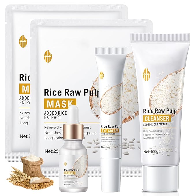 Rice Skin Care Sets, 5Pcs Face Care Set for Women, Moisturize Skin, Smooth Wrinkles & Fine Lines, Improve Skin, Hydrating Skin Care Routine Set with Rice Extract Face Serum, Mask, Cleanser, Eye Cream