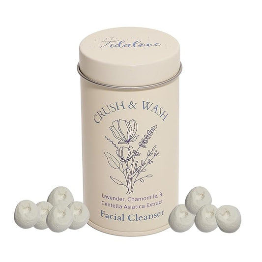 3-in-1 Solid Facial Cleanser, Exfoliator, and Wash-off Mask - Vegan, Cruelty-Free, Plastic-Free, Travel-Friendly, 1 Month Supply (60 Crushable Tablets) in Tin (Calming Beans in Tin)