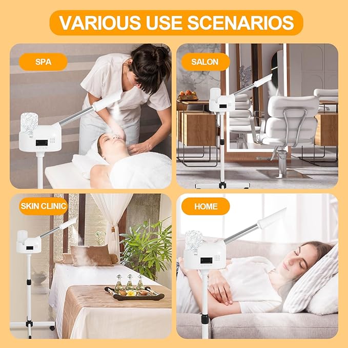 Professional Facial Steamer, Facial Steamer with Hot Mist and Timer Function, Adjustable Height Face Steamer on Wheels with 360° Rotatable Nozzle and Touch Screen for Deep Hydration and Cleaning