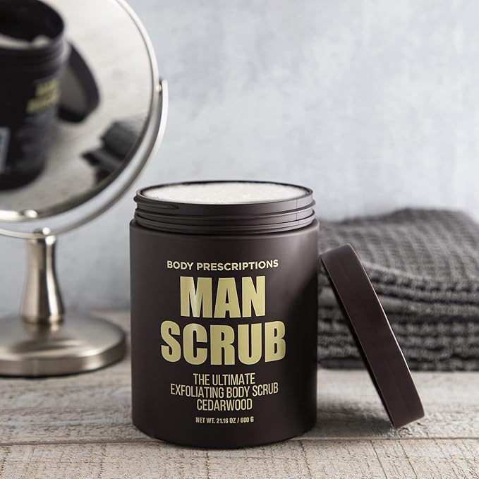 Body Prescriptions Men’s Exfoliating Body Scrub – Ultimate Skin Cleansing Wash in Jar with Twist-Top Lid, For All Skin Types, 21 Ounce (Pack of 1), Cedarwood