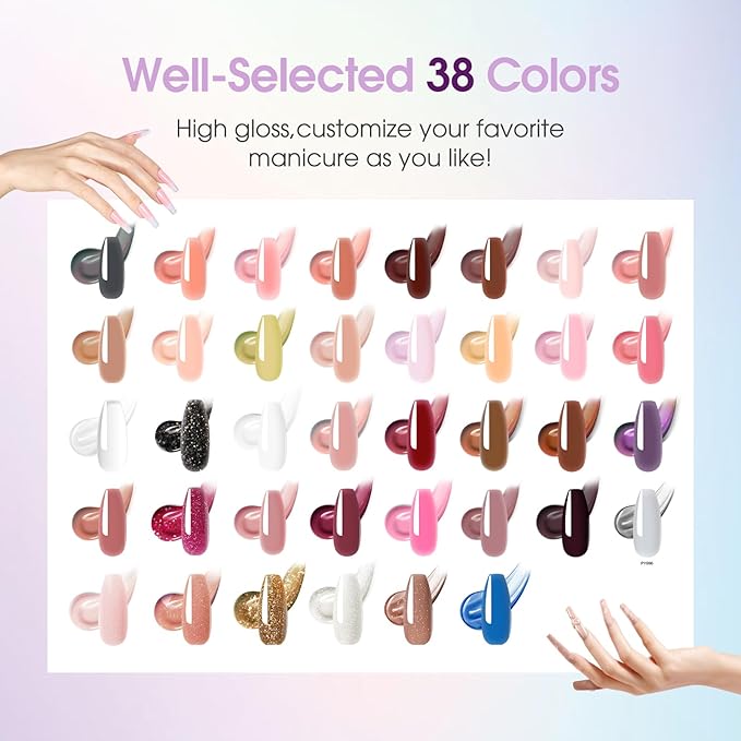 ROSALIND 38PCS Poly Nail Gel Kit with Mini Nail Lamp Glitter Brown Poly Extension Gels Kit Nude Pink Poly Gels Set