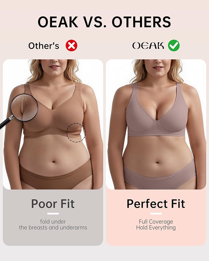 OEAK Womens Deep V Bras Wireless Comfortable Bra Supportive No Underwire Bras Tshirt Push Up Bralettes Plunge Seamless Bra