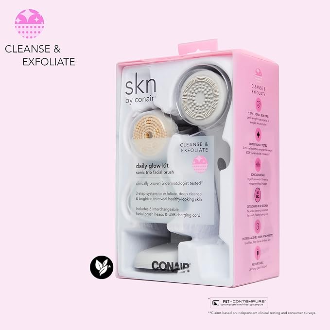 skn by conair Daily Glow Facial Cleansing Brush, All-in-One Facial Brush Includes 3 Interchangeable Attachments for Complete Cleansing, Exfoliation, and Rejuvenation