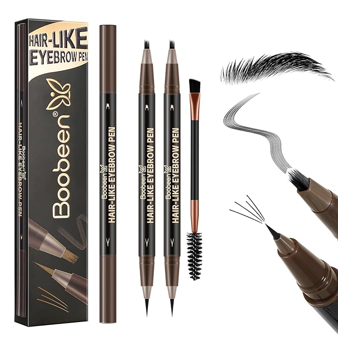 Boobeen 2pcs Waterproof Eyebrow Pen，Dual-Ended Eyeliner Microblading Eyebrow Pencil for Women，Long Lasting Hair-Like Brow Pen with Brow Brush，Dark Brown