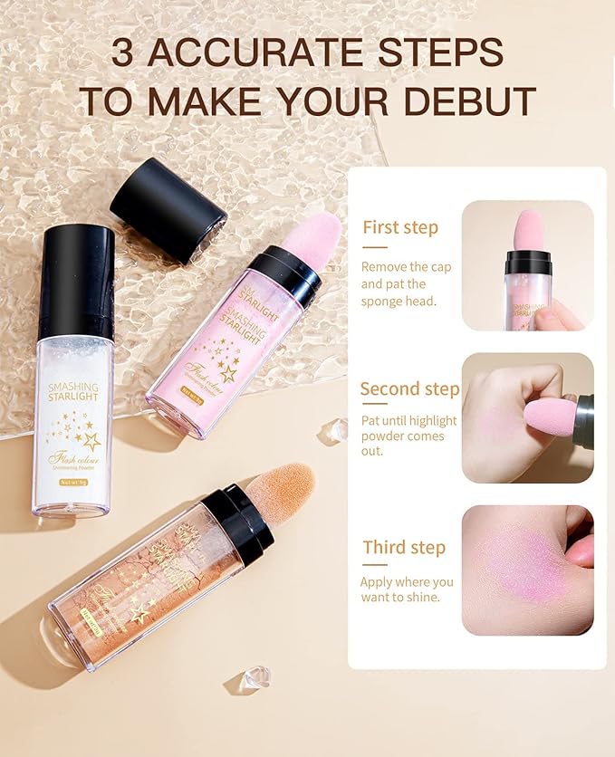 Fairy Highlight Puff Stick Highlight Patting Powder - Multi-Functional Shimmer Powder for Illuminating and Brightening Your Face and Body (#02 Pink)
