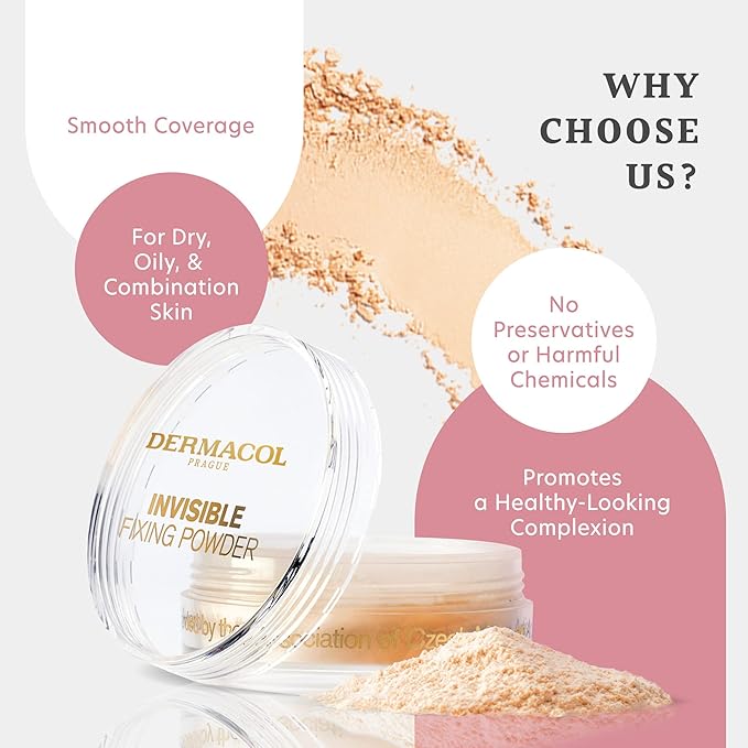Dermacol - Invisible Fixing Face Powder, Touch-proof Translucent Setting Powder for Oily Skin & Other Skin Types, Loose Powder Makeup, Frangrance-Free Matte Powder with Powder Puff, Natural, 13.5 g
