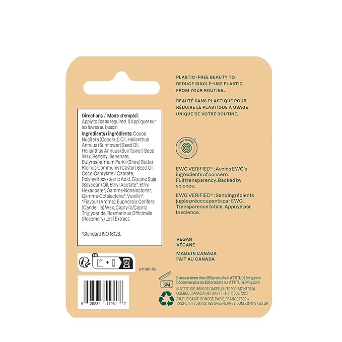 ATTITUDE Plastic-free Lip Balm, EWG Verified Plant- and Mineral-Based Ingredients, Vegan and Cruelty-free Personal Care Products, Coconut, 0.3 Oz