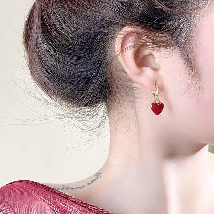 Vintage Heart Dangle earrings Red Coral Earrings Red Heart Love Huggie Earrings Gold Hoop Huggie Earrings Jewelry for Women