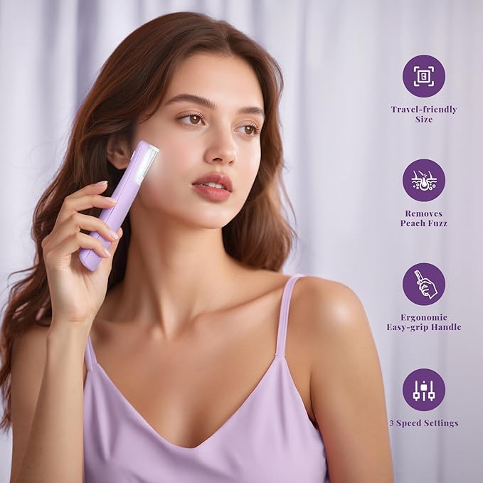 Sonic Dermaplaning Tool for Women, Rechargeable Face Dermaplane Razor Sonic Edge Technology for Facial Hair, Exfoliating and Peach Fuzz, 10 Refill Blades Purple