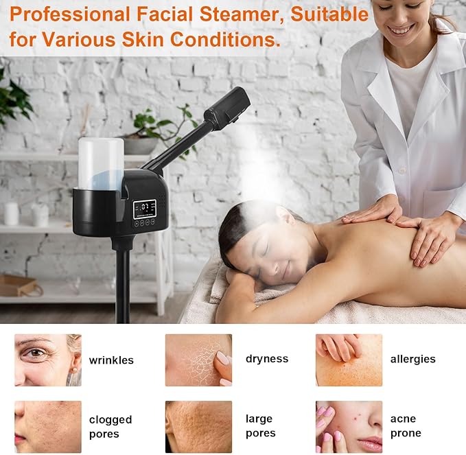 Professional Facial Steamer, Black Facial Steamer Upgrade PTC Heating, Esthetician Steamer Hot Mist Face Steamer for Salon Spa Beauty