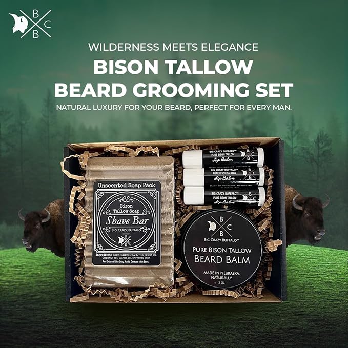 Pure Bison Tallow Beard Gift Set - Shave Bar, Beard Balm, Unscented Lip Balm - Conditions, Strengthens, Moisturizes, Soothes, Softens, Naturally Derived, No Dyes, Naturally Derived