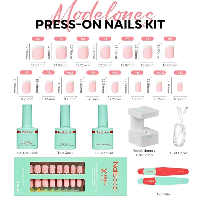 Modelones Gel Nail Kit, Top Coat, Nail Builder Gel, Press On Nails Kit with LED Light, 150 PCS Short Pink Square, 15 Sizes French Tip Press on Nails, Pre-Colored Nail Tips for Easy DIY Nail Art