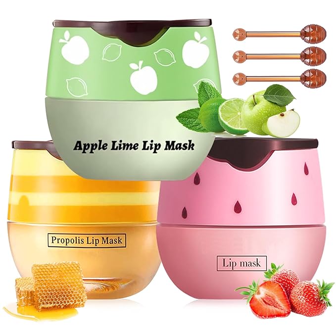 3 PCS Bee Lip Balm Lip Mask Honey Pot, Honey & Strawberry & Apple Lime Lip Mask Overnight Propolis Moisturizing Lip Balm with Stick,Hydrating Repair Lip Sleeping Mask,Prevention Dry and Cracked
