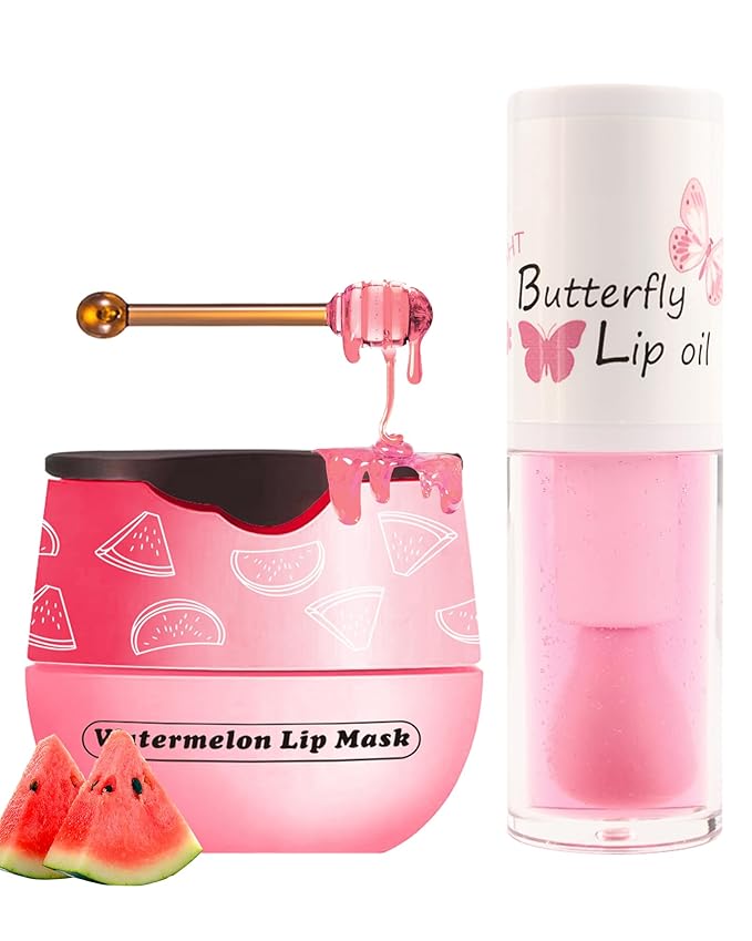 2Pcs Watermelon Lip Balm Honey Pot Lip Mask & Lip Glowy Oil Lip Care Set, Propolis Moisturizing & Nourish Hydrating Lip Gloss Repair, Reduce Lip Line & Plump Dry Cracked Lip Scrub Exfoliator -Set C
