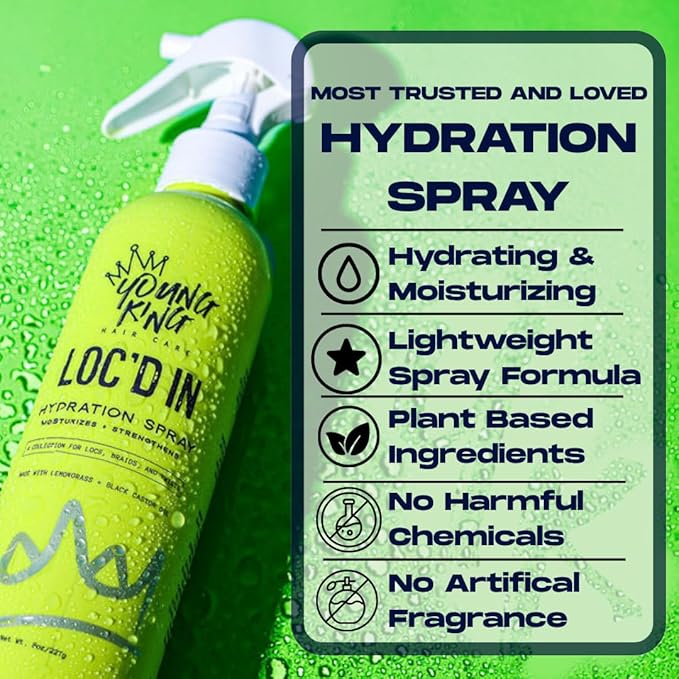 YOUNG KING HAIR CARE Daily Hydration Spray for Locs, Dreads, Braids, and Twists | Lemongrass and Black Castor Oil | Scalp Moisturizer, Dreadlock Spray - Natural Loc, Dreads Care and Maintenance (8oz)