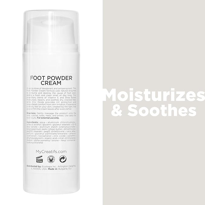 Foot Powder Cream for Dry Cracked Heels, Odor Control, and Intense Skin Hydration, 3.4 fl. oz., with Shea Butter and Vitamin E