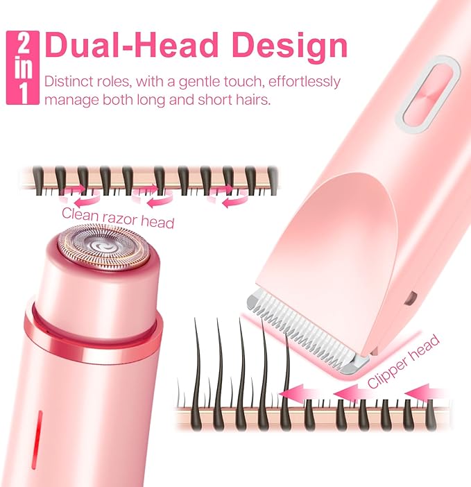 Electric Bikini Trimmer for Women, 2-in-1 Hair Shaver and Epilator, Waterproof Wet/Dry Lady Shaver（Pink）