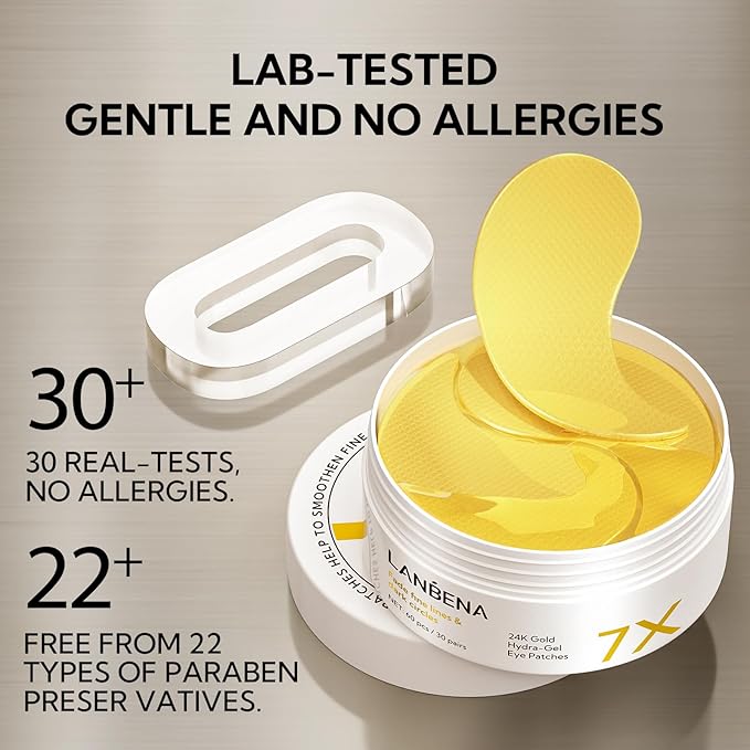 LANBENA 24K Gold Under Eye Patches(30 Pairs) -Cooling Eye Masks for Fine Lines Reduce, with Caffeine Niacinamide Tetrapeptide Hydra-Gel Collagen, Puffy Eyes & Dark Circles & Eye Bags Treatment
