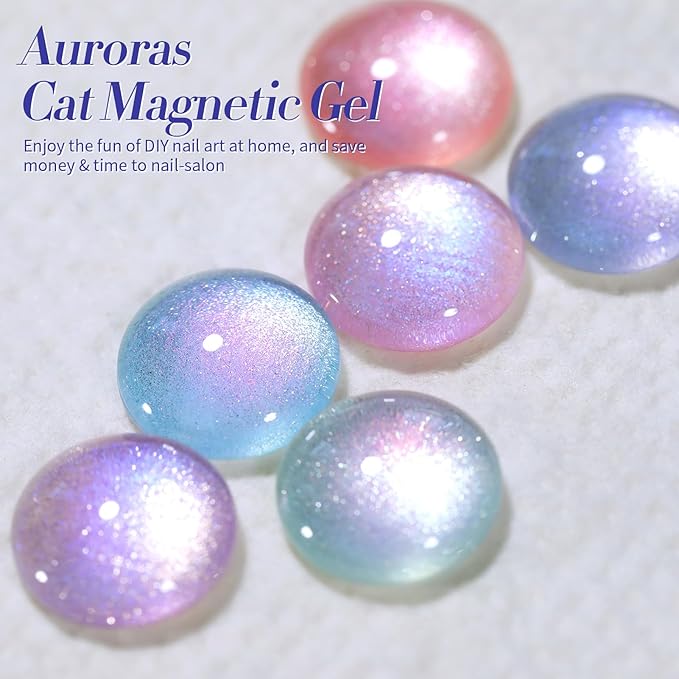 Born Pretty Auroras Cat Magnetic Eye Gel Nail Polish Set Shimmer Glitter with Magnet 9D Holographic Reflective Magnetic Nail Polish Kit Auroras Mermaid Green Blue Purple Pink Purple 6 Colors