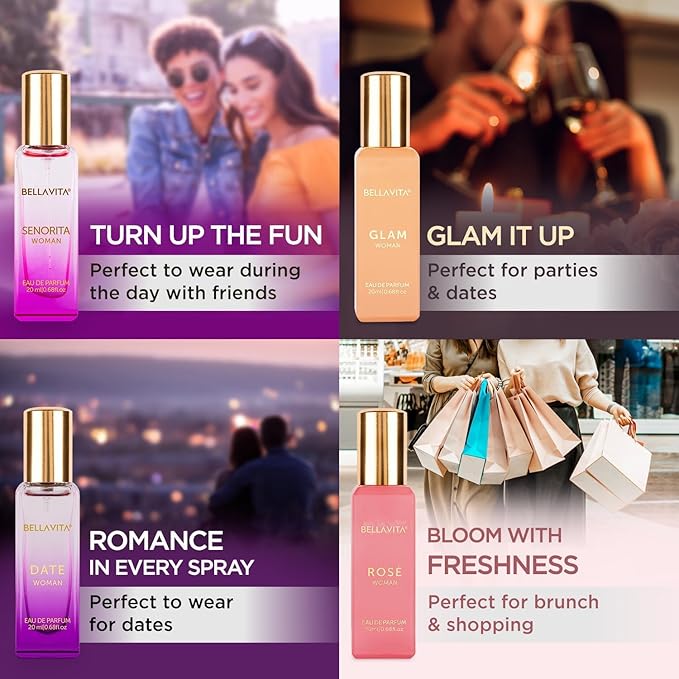 BellaVita Luxury Women's Perfume Gift Set (4x20ml) | Notes of Floral, Sweet, Spicey Red Fruit, Vanilla & Musk | DATE, SENORITA, GLAM & ROSE | French Parfum Collection Gift Set