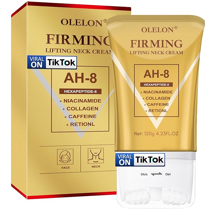 [2025 Upgrade] AH8 Firming Neck Cream with Roller - Tightening & Lifting Cream for Sagging Skin, 8-HA Clockwise Neck Cream for Face & Body Skin Tightening Cream with Massage Roller