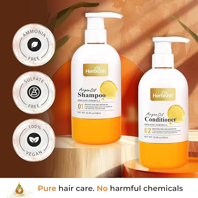 Herbishh Argan Hair Mask (150ml) + Argan Oil Shampoo & Conditioner (16.9 fl.oz Each) Hair Care Set – Deep Cleansing & Hydration, Ideal for Repairing Dry, Frizzy & Colored Hair – Sulfate & Paraben Free