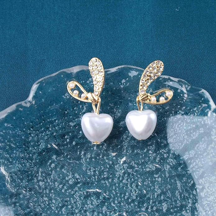 Vintage Crystal Pearl Heart Dangle Earrings Rhinestone Pearl Drop Earrings Gold Cz Pearl Stud Earrings Heart Love Earrings Jewelry for Women