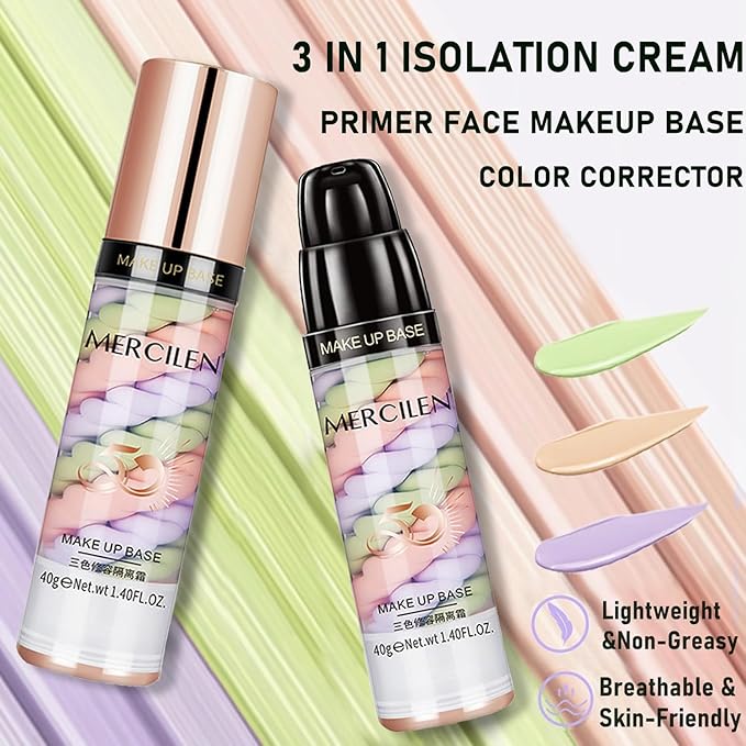 Primer Face Makeup Base, 3 In 1 Isolation Cream Color Corrector, Makeup Primer Skin Tone Correcting and Brightening Primer, Oil Control Moisturizing Face Primer to Hide Wrinkles and Fine Lines