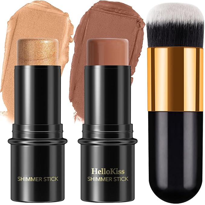 2Pcs Cream Contour Stick Makeup Kit, Cream Highlighter Stick and Bronzer Contour Stick with Longwear Waterproof Formula for Brightening and Trimming the Cheeks, Makeup Brush Include (#05, 06)