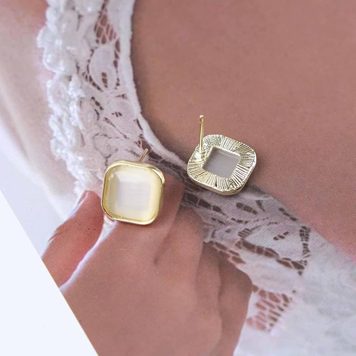 Vintage Square Opal Earrings Opal Square Stud Earrings Moonstone Stud Earrings Geometric Square Earrings Jewelry for Women