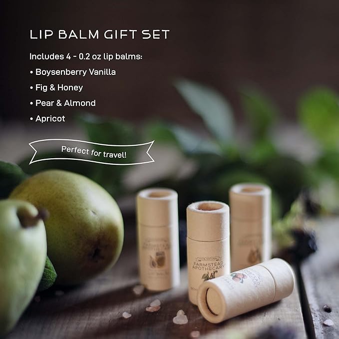 Farmstead Apothecary Lip Balm Gift Set with Pouch - Reusable Pouch Includes 4 -.2 oz Lip Balms - Boysenberry Vanilla, Fig & Honey, Pear & Almond , Apricot ,1 each. 100 % Natural, 99% Organic