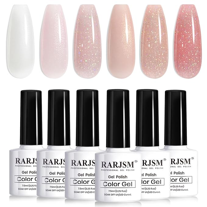 RARJSM Glitter Nude Gel Nail Polish 6pcs Set Shimmery Nail Gel Polish Iridescent Sparkly Gold Rainbow Pigment Jelly Sheer Pink Milky Silver White Translucent Natural Skin Tone Color 7.5ml Soak off