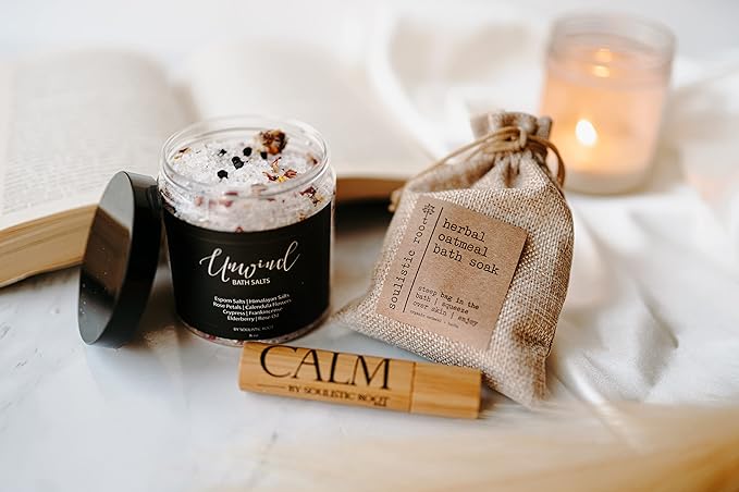 Relaxing Bath Gift Set, Luxury Spa Gifts for Women, Self Care Products for Women and Men, Calm Essential Oil Roller, Oatmeal Lavender Bath Soak & Epsom Salts with Essential Oils