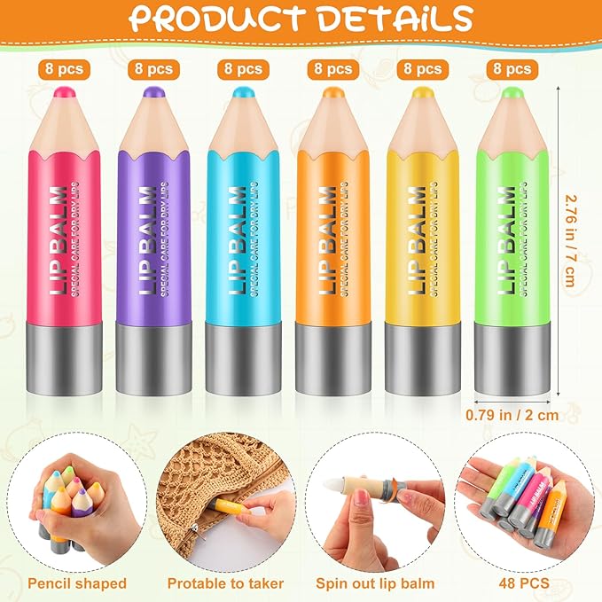 48 Pcs Lip Balms Gift Crayon Sign Fruit Taste Lip Balm for Teachers Students Soothing and Moisturizing Lip Balms for Chapped Lip Crayon Shape Classroom Rewards Party Supplies
