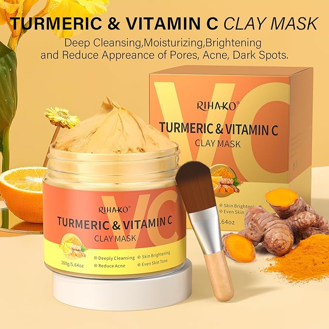 Turmeric Vitamin C Clay Mask -Turmeric Facial Mask - Brightening Clay Face Mask Skincare, Deep Cleansing Face Mask, Acne Face Mask for for Dark Spots, Dull Skin, Refining Pores and Controlling Oil