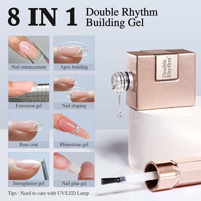 Double Rhythm 0.5Oz Nail Strengthener Rubber Gel Nail Polish 15ml Clear Builder in a Bottle Nail Thickening Extension Hard Structure Gel Glue (Clear 8 in 1-1)
