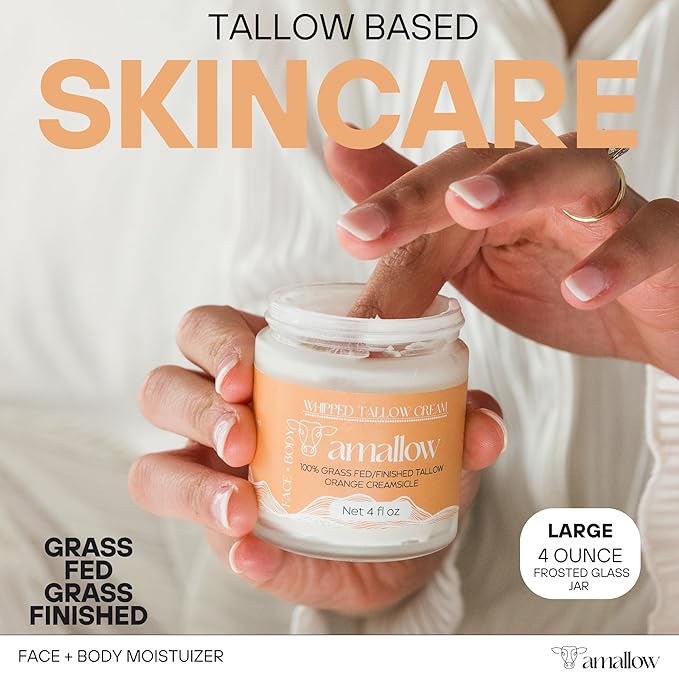 Amallow 100% Grass Fed Beef Tallow for Skin Care - Face + Body - Whipped Moisturizer - Natural Lotion, 4 FL. oz. (Orange Creamsicle)