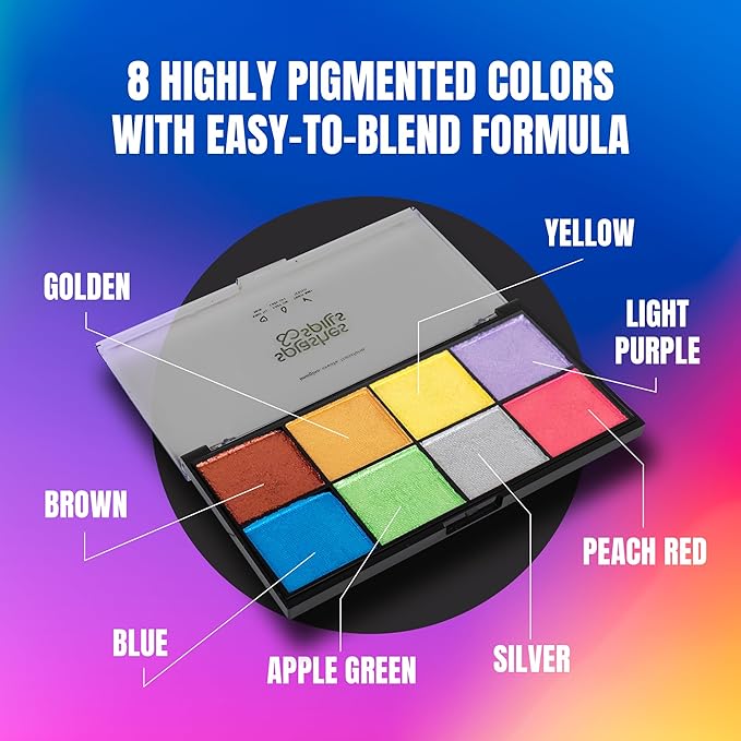 Professional Face Painting Kit - Skin Friendly Face Paint Kit - Cruelty-Free & Vegan Water Based Face Paint Makeup for Theatre, SFX and Halloween- 8 Colors 5g Each - Splashes & Spills (Pearly Colors)