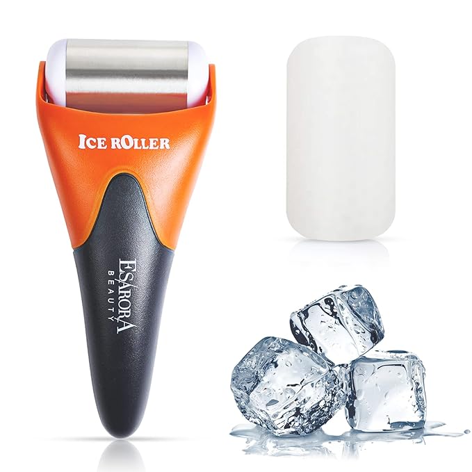 ESARORA Ice Roller for Face & Eye, Puffiness, Migraine, Pain Relief and Minor Injury, Skin Care Products - Black Orange (1 Plastic Roller & 1 Stainless Steel Roller)