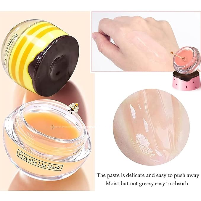 Bee Lip Balm Honey Pot, Honey & Strawberry & Watermelon&Lime Lip Mask Overnight Moisturizing Lip Sleep Mask with Stick Hydrating & Prevention Dry and Cracked Lip Scrubs Exfoliator