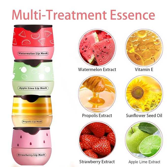 Honey Lip Balm Pot, 3 Pcs Strawberry & Apple & Watermelon Lip Mask Propolis Lip Mask Moisturizing Hydrating Prevention Dry and Cracked Lip Scrubs Exfoliator