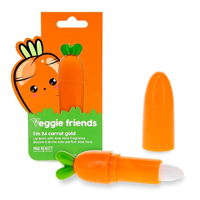 Mad Beauty Veggie Friends Carrot Lip Balm | Aloe Vera Scent | Cute and Moisturizing Lip Care | Cruelty-Free | Gift for Beauty Lovers