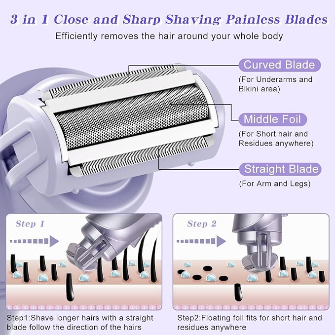 Hatteker Women's Electric Shaver Bikini Trimmer Hair Trimmer for Women LED Display Electric Razor for Legs Bikini Underarm Public Hairs Led Display IPX7 Waterproof Gift for Women (Purple)