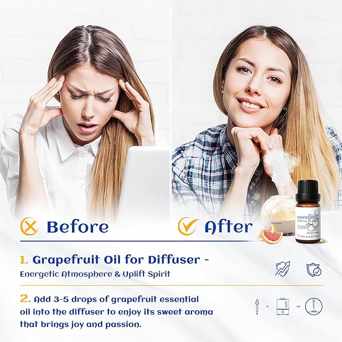 HIQILI Grapefruit Essential Oil, for Diffuser, Skin Care, 100% Pure and Natural - 0.33 Fl Oz